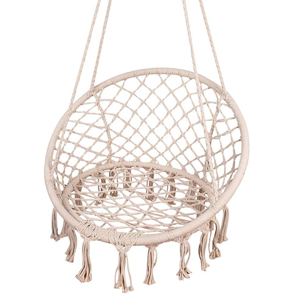 Garden Swing Chair - White Hanging Cotton Rope Macrame Hammock